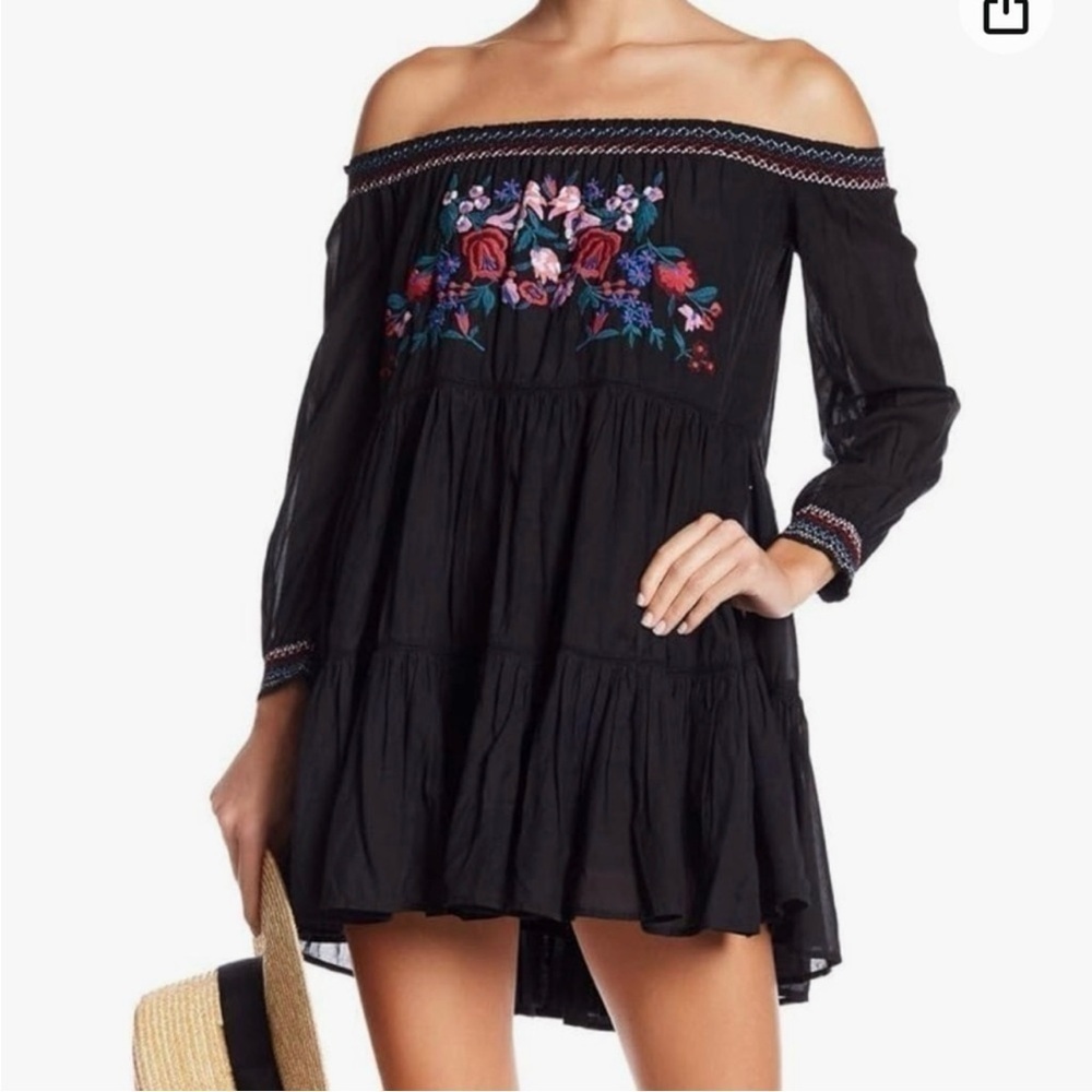 Free People Black Off-Shoulder Mini Dress with Floral Embroidery Size M - Picture 13 of 14